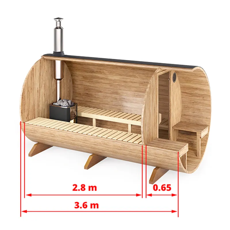 3.6m Ø 220 cm Badstutønne for 6 Pers. med utvendige sitteplasser 