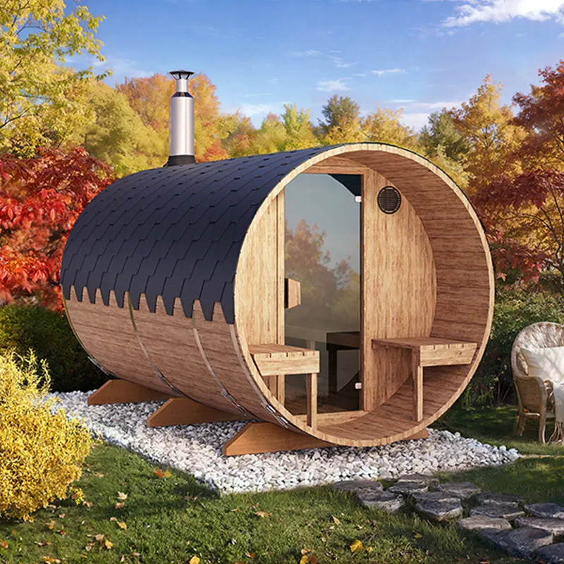 3.6m Ø 220 cm Badstutønne for 6 Pers. med utvendige sitteplasser 