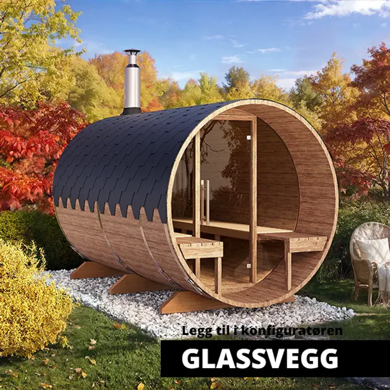 3.6m Ø 220 cm Badstutønne for 6 Pers. med utvendige sitteplasser 